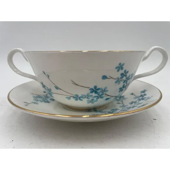 Berkshire English Bone China Blue Floral Double Handle Soup Bowl & Saucer Set - Picture 3 of 7